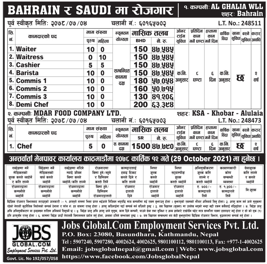 Jobs in Al ghalia wll, Bahrain and Mdar Food Company Ltd, Saudi Arabia