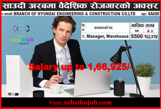 Job for Warehouse Manager at Saudi Salary 1,66,925/-